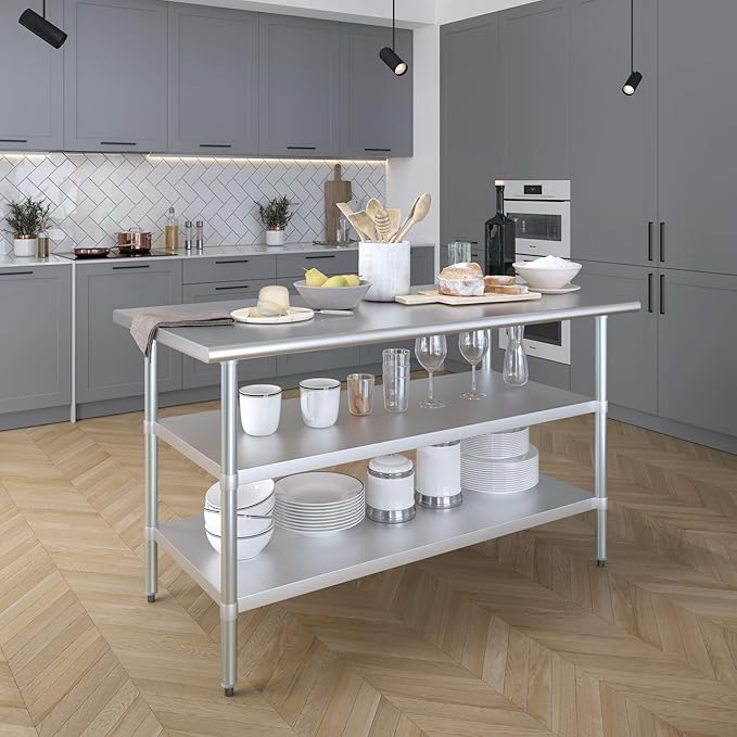 AmGood Stainless Steel Work Table with 2 Shelves | NSF | Metal Utility Table (60" Long x 30" Deep)