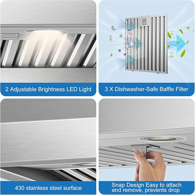 36 inch Under Cabinet Range Hood 1200 CFM with 4-Speed Gesture Sensing & Touch Control, Stainless Steel Kitchen Stove Vent Hoods with 2 LED Lights, Time Setting, Dishwasher-Safe Baffle Filters