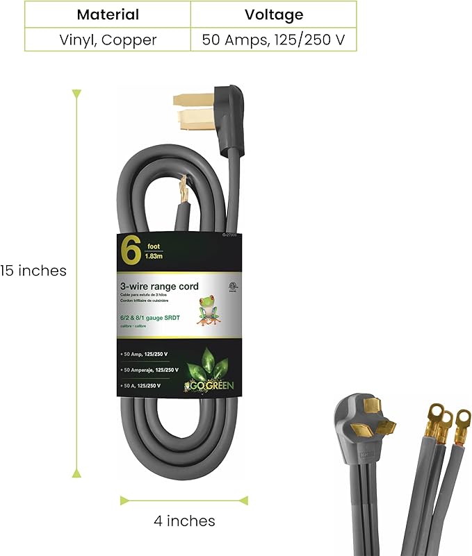 GoGreen Power 6' 3-Wire 50 Amp Range Cord (G-27006)