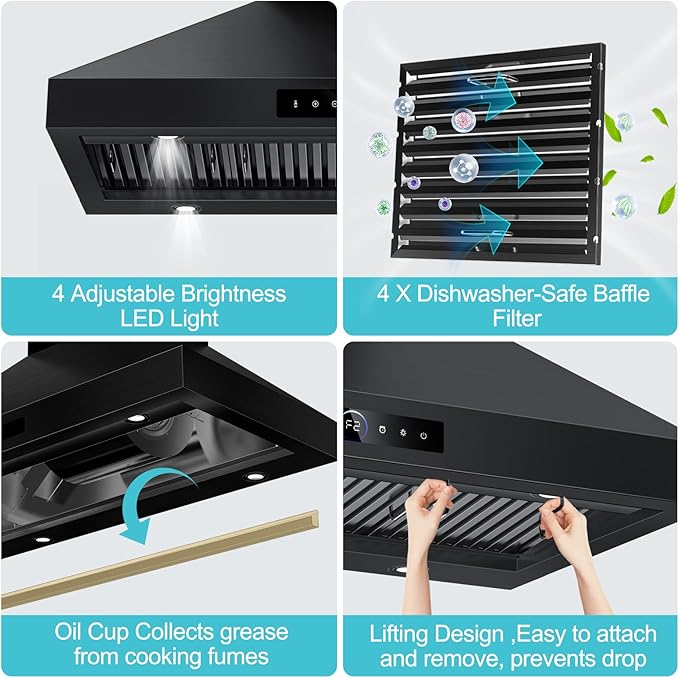 48 inch Range Hood Wall Mount, 1500 CFM with 4-Speed Gesture Sensing & Touch Control, Stainless Steel Ducted Kitchen Stove Vent Hoods with 4 LED Lights, Time Setting, Dishwasher-Safe Baffle Filters