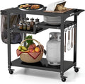 Giantex Outdoor Grill Cart - Pizza Oven Stand Table with Lockable Wheels, Three-Shelf Outdoor Cooking Prep Table with Garbage Bag Holder, Removable Hooks, Movable Dining Cart for Kitchen BBQ Party