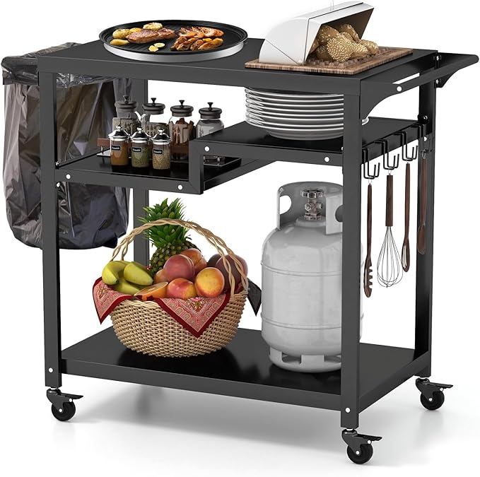 Giantex Outdoor Grill Cart - Pizza Oven Stand Table with Lockable Wheels, Three-Shelf Outdoor Cooking Prep Table with Garbage Bag Holder, Removable Hooks, Movable Dining Cart for Kitchen BBQ Party