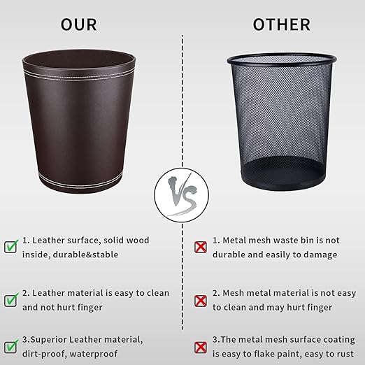 GORESE Pu Leather Trash Can for Bedroom, 2.6 Gallon Wastebasket for Office, Small Bathroom Garbage Cans for Home Decorative, Round Waste Basket Bin for Dorm Kitchen Brown