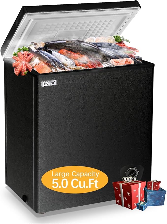 Chest Freezer 5.0 Cu.Ft Black Compact Freezer, Manual Defrost Deep Freezer with Storage Basket, Space-Saving Flat Back, Stay-Open Lid, Side-Access Drain for Home Basement Cottage Business