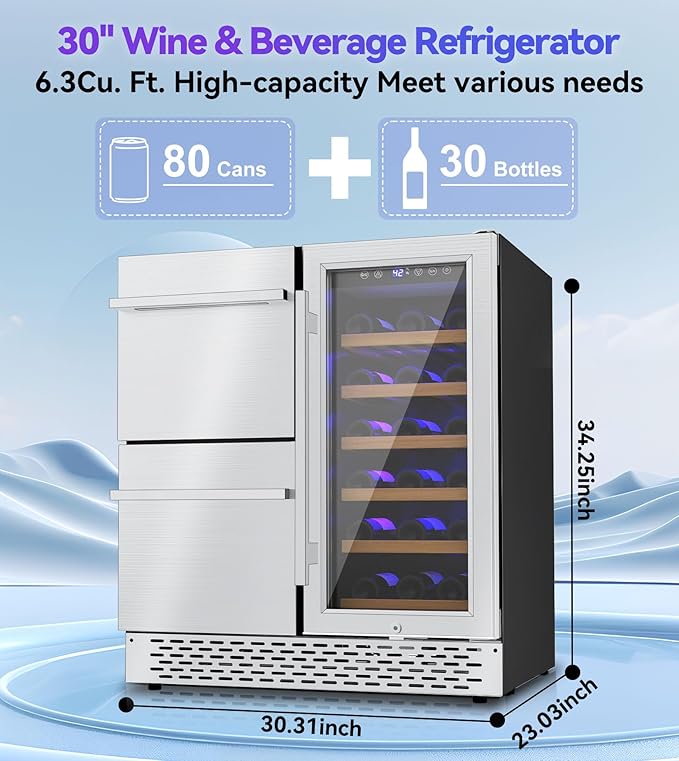 30'' Outdoor Wine and Beverage Refrigerator 80 Cooler, 2 Drawer Dual Zone Wine Fridge with Intelligent Control Advanced Compressor Under Counter Freestanding for Patio Bar Cabinet