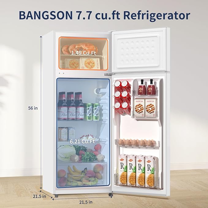 BANGSON 7.7 Cu.Ft Refrigerator with Freezer, Apartment Size Fridge with Top Freezer, Large Capacity, Energy Saving, Adjustable Thermostat, Low Noise, Cream White