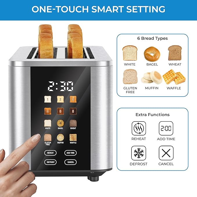 Kenmore 4-Slice Long Slot Toaster - Color Touch Screen & 6 Shade Settings, Extra Wide Slots, Digital Timer, Customizable Smart Presets, Reheat, Defrost, Add Time Functions, Stainless Steel