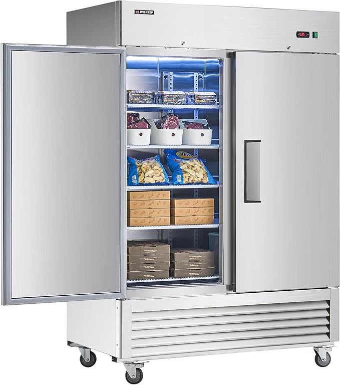 Wilprep 54" W Commercial Freezer 2 Door 2 Section Upright Freezer Stainless Steel Reach-in Solid Door Upright Fan Cooling 42.2 Cu.ft Freezer for Restaurants, Bars, Shop, ETL-Listed