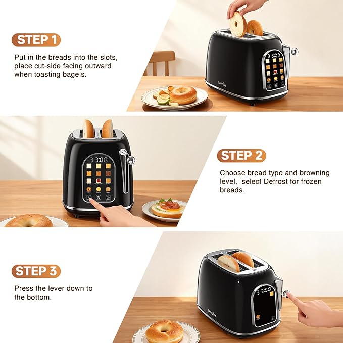 Mecity Toaster 2 Slice, Touch Screen Wide Slot Retro Toaster For Breads Bagel Muffin Waffle, House Warming Gift New Home, 120V 825W, Jet Black