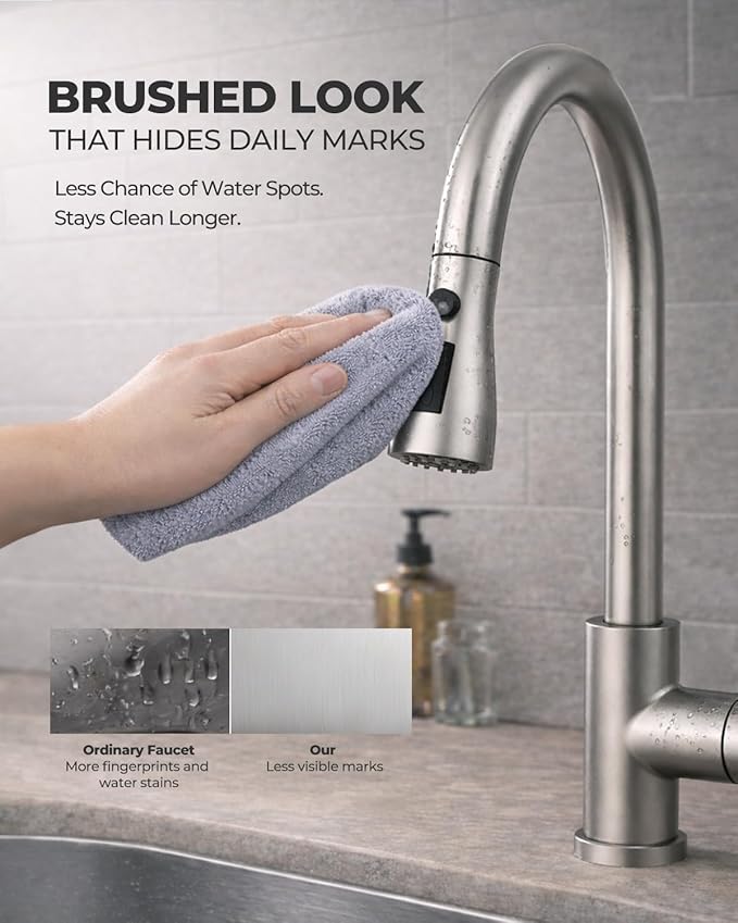 WEWE Kitchen Faucets with Pull Down Sprayer, Leak-Proof Stainless Steel Lead-Free Single Handle 1 Hole for Family Kitchen Commercial Camper Laundry Rv Bar, Brushed Nickel Bar Sink Faucet