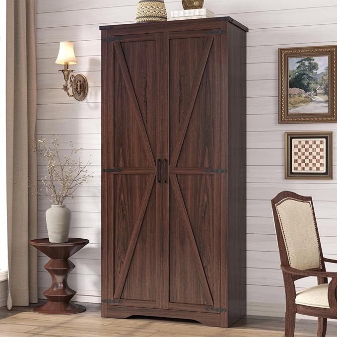 Tall Storage Cabinet with Adjustable Shelves, Farmhouse Pantry Organize with 2 Barn Doors, Large Freestanding Cabinet for Kitchen, Garage, Basement, Living, Utility Room, Brown