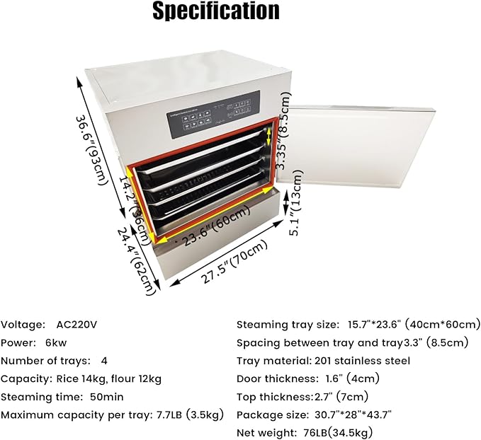 220V 1PH Commercial Electric Steamer 6000W Warming Cabinet Steam Box 4 Tray Intelligent Steaming Cabine for steamed rice, buns, meat, seafood