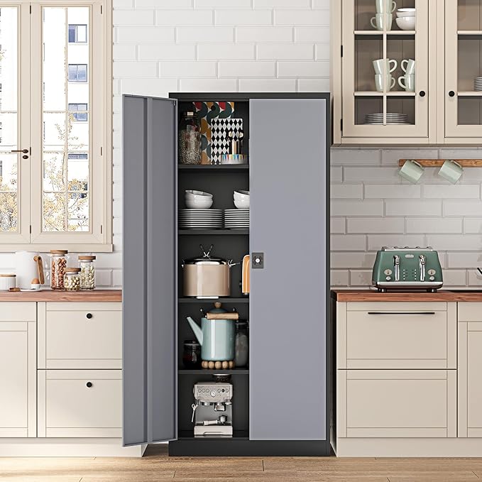 Metal Storage Cabinet-72” Tall Steel File Cabinets with Lockable Doors and Adjustable Shelves-Black&Gray Steel Storage Cabinet for Kitchen, Office, Garage