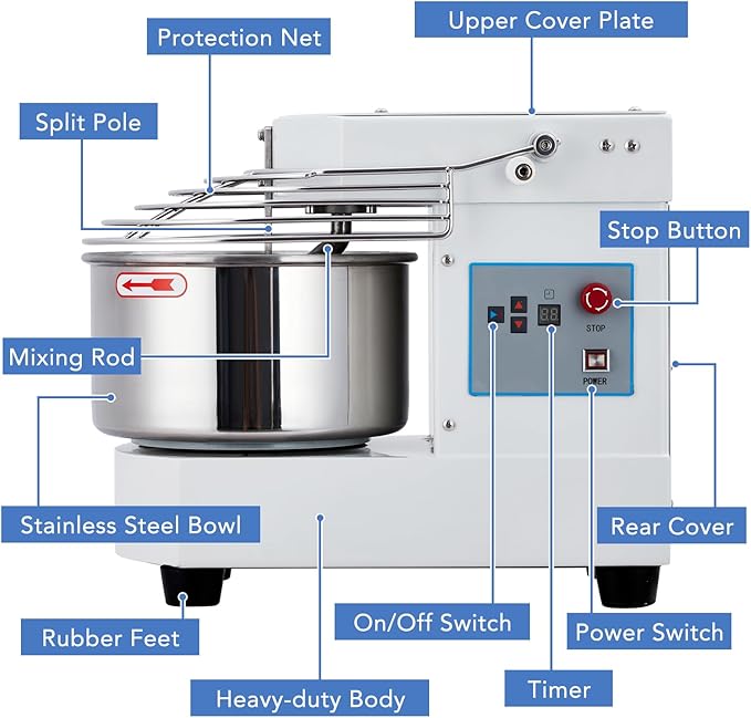 Commercial Food Mixer, 10.5 Qt Touch Screen Dough Mixer Machine with Timer, Security Shield, 650W Dual Rotating Dough Kneading Machine Food-grade Stainless Steel Bowl for Restaurant Bakery