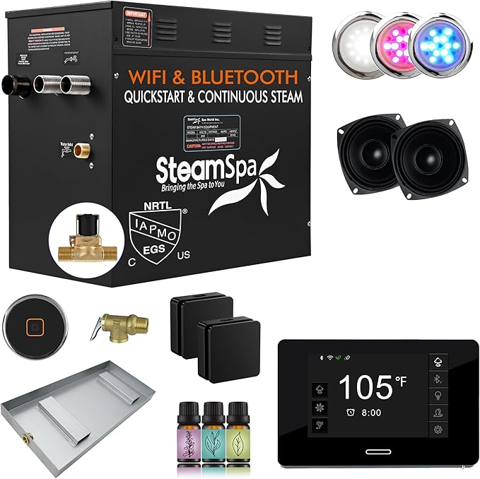 SteamSpa Steam System 10.5kW Steam Shower Generator with Bluetooth Wifi, Quickstart Continous Steam, Advanced Touch Pad Screen, Chroma Lights, Drain Pan and Auto Drain Black Color Trim | RVBS1050BK-A