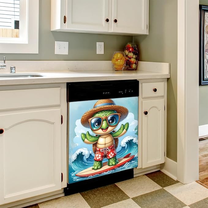 Dishwasher Magnet Cover Ocean Summer Turtle Front Dishwasher Cover Decoration Reusable Magnetic Door Cover Panel Decal Home Appliances Stickers Kitchen Refrigerator Fridge 23"x26"