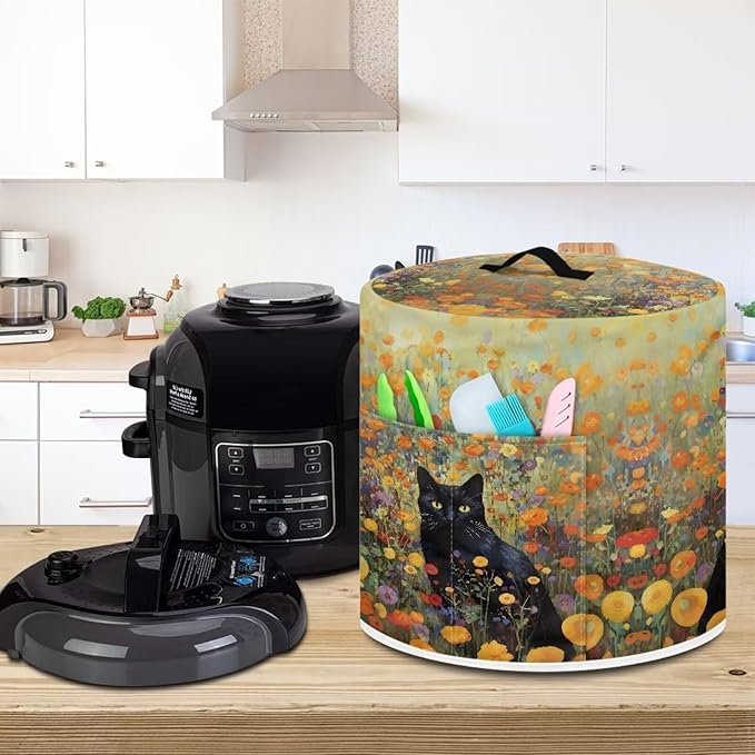 Xoenoiee Black Cat Floral Pattern Kitchen Appliance Dust Cover with Pockets, Electric Pressure Cooker & Air Fryer Cover, 8 Qt Pot