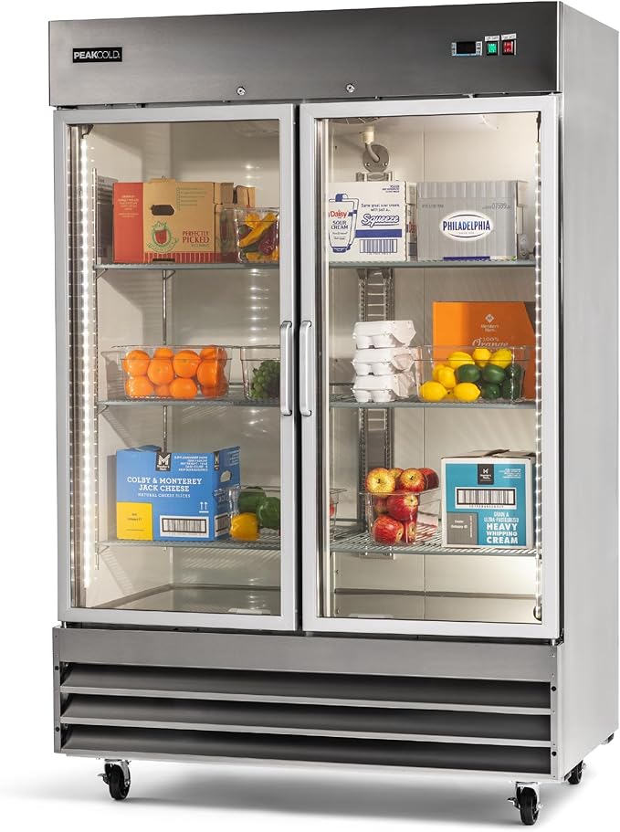 PEAKCOLD Double Glass Door Commercial Refrigerator - 47 Cubic Ft, 54" Wide Stainless Steel Reach-In Commercial Refrigerator with White Internal Lighting - Freestanding Industrial Fridge