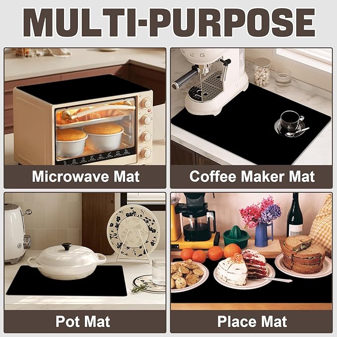 2PCS Black Rubber Mat for Microwave Top Cover, Nonstick Heat Resistant Micro-Wave Oven Cover, 18"x14" Non Slip Oven Kitchen Counter Protector Pad, Air Fryer Mat for Counter Heat Resistant