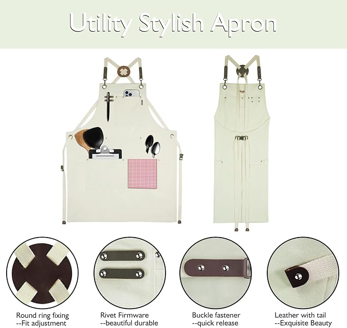 5 Pack Kitchen Apron, Work Apron, Canvas, Multiple Pockets, Gardening, Painting, BBQ, Artist, Carpenter, Sizes M to XXL, White