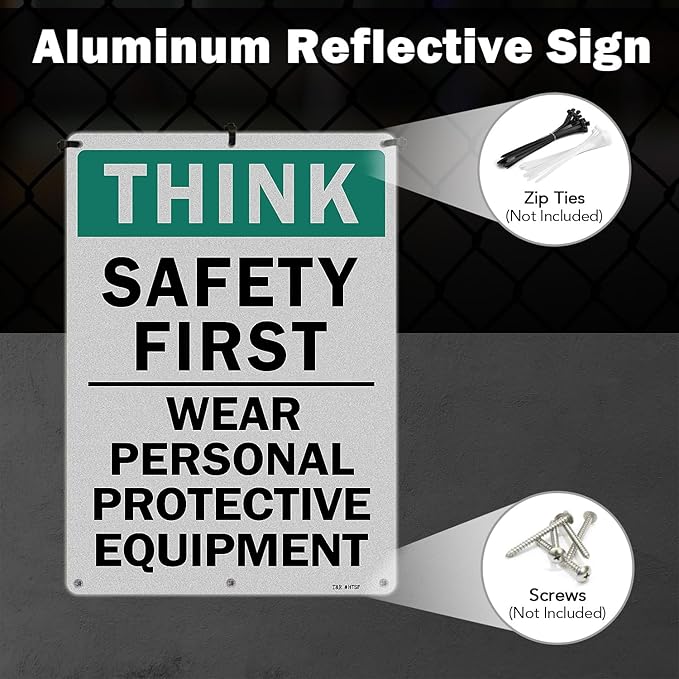 T&R Large Think Safety First Sign Wear Personal Protective Equipment - 2 Pack - 14 x 10 Inches Rust Free .040 Aluminum Reflective - UV Protected, Waterproof and Fade Resistant - 6 Pre-drilled Holes