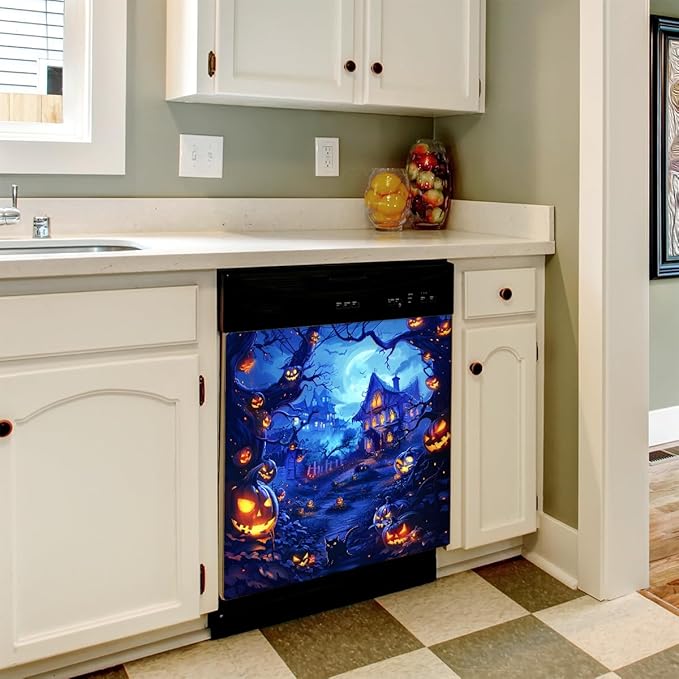 Dishwasher Magnet Cover Front Dishwasher Cover Decoration Reusable Magnetic Door Cover Panel Decal Home Appliances Stickers Kitchen Refrigerator Fridge Horrible Halloween Pumpkin 23"x26"