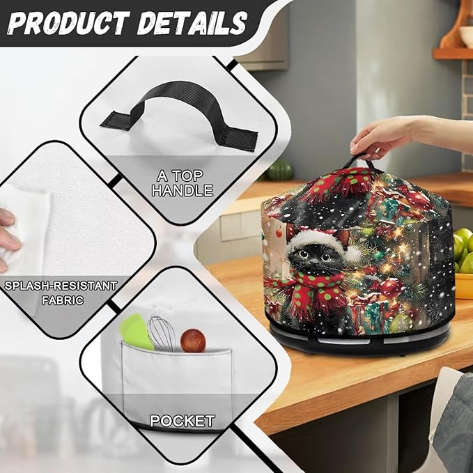 Black Cat Christmas Tree Print Slow Cooker Dust Cover with Top Handle Kitchen Gadgets Dust-Resistant Rice Cooker Cover Keep Kitchen Clean with Pocket for Accessories Christmas Decor