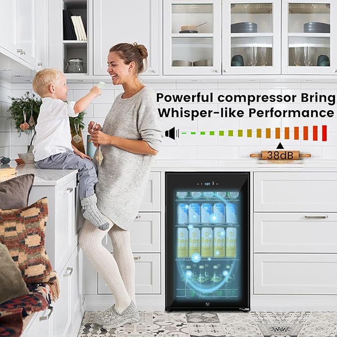17 Inch Black Beverage Refrigerator Cooler, 96 Cans Mini Fridge with Glass Door&Lock, Beer Fridge for Soda Water or Wine, Drink Refrigerator for Home Office Bar Bedroom