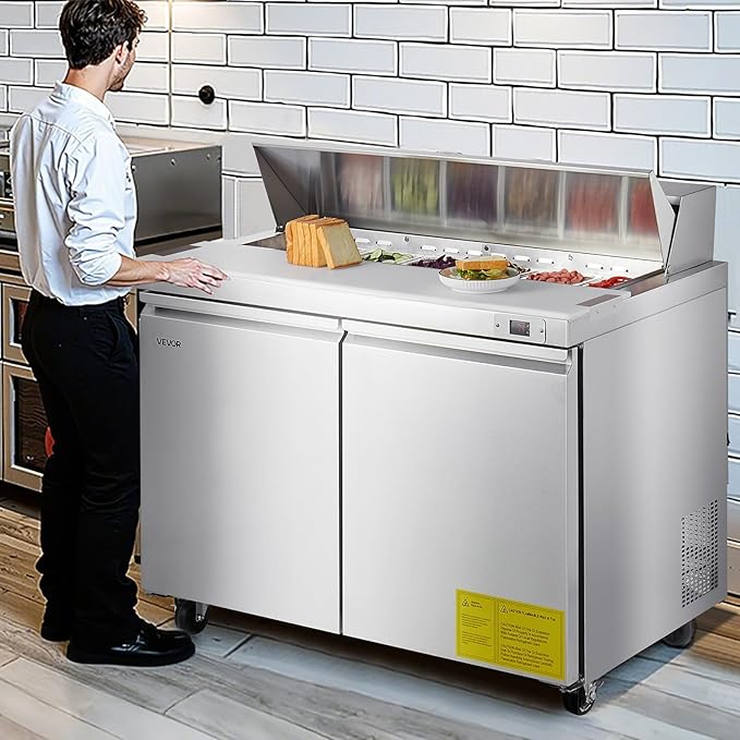 VEVOR 48"W Commercial Refrigerator, 12.5 Cu. Ft Sandwich Prep Refrigerated Table, Mega Top Food Prep Fridge with 12 Pans and Cutting Board, Stainless Steel Salad Prep Cooler for Restaurant, Food Truck