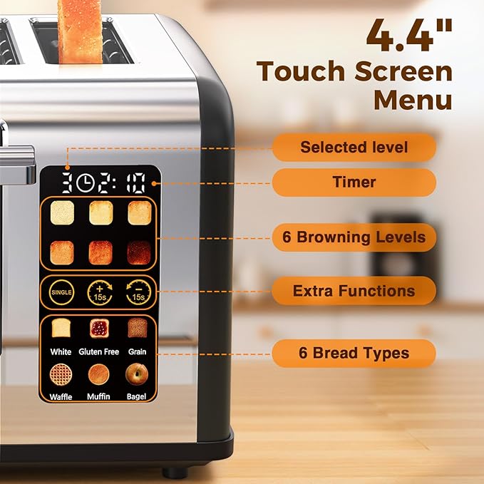 4 Slice Touch Screen Toaster, Easy-to-Use Digital Stainless Steel Toaster with Wide Slots, Reheat Defrost Cancel, Removable Crumb Tray, Matte Black