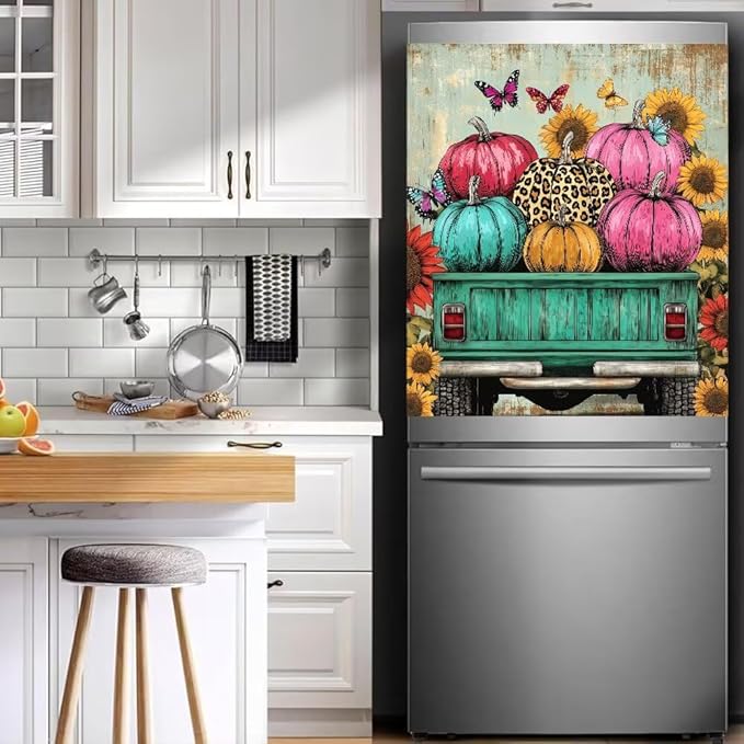 Fall Pumpkin Truck Magnetic Dishwasher Cover Vinyl Sticker,Farm Harvest Sunflowers Dishwasher Magnet Cover, Rustic Barn Fridge Door Cover Magnets Art Skin Panel Decal for Home Decor, 23"X26"