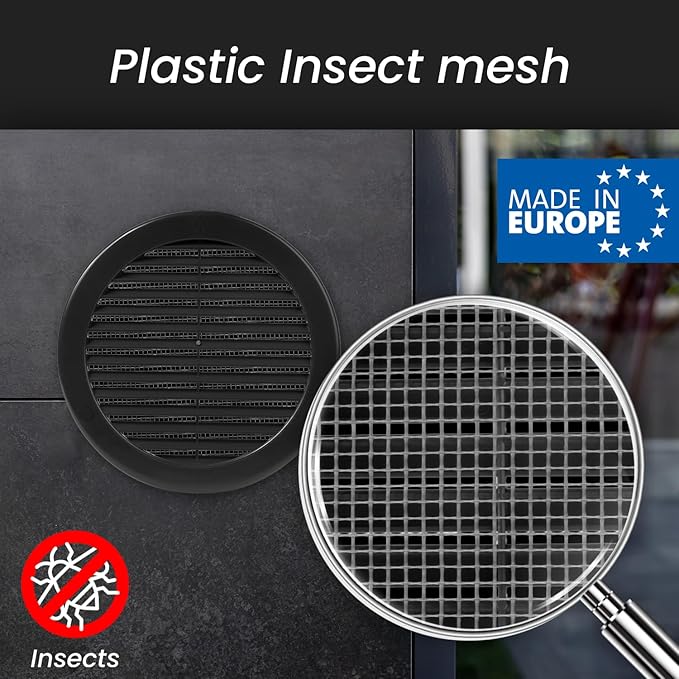 Repa Market 8 Inch (Opening) Black Round Air Vent Cover - Pack of 5 Plastic Fresh Air Intake Vent - AC Cover with Nylon Mesh Screen - Wall, Ceiling HVAC Return Air Register - Modern Soffit Vents