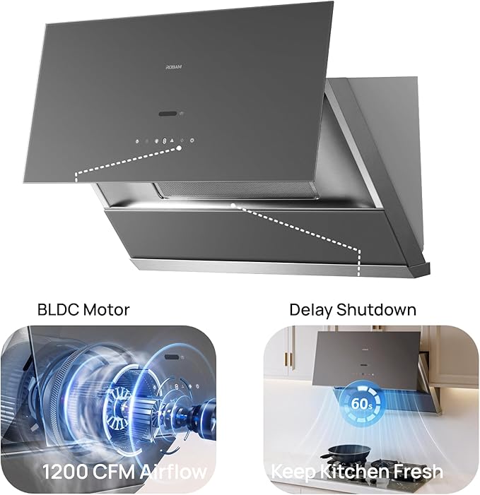 ROBAM Under Cabinet or Wall Mount Kitchen Range Hood 30" R-Max3 Black, 1200CFM Auto-Adjust Speed Control with LED Lights Vent Hood, Fingerprint Resistance and R-Link Tech