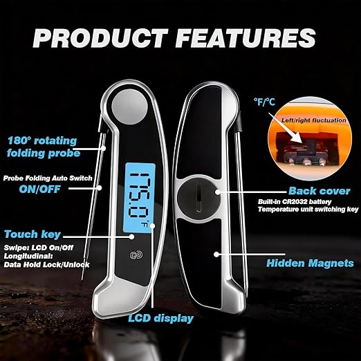Meat Thermometer Digital Waterproof Instant Read Thermometer for Cooking Food Thermometer with Backlight & ±0.5℃ Precision Cooking Thermometer for Kitchen ℃/℉ Convertible Grey