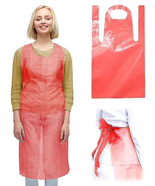 ABC PACK & SUPPLY Red Plastic Disposable Aprons Adults for Painting, 28 x 46 Inches. Pack of 100 Disposable Plastic Aprons, 1.5 Mil. Unisex Waterproof Polyethylene Painting Apron for Food Industry