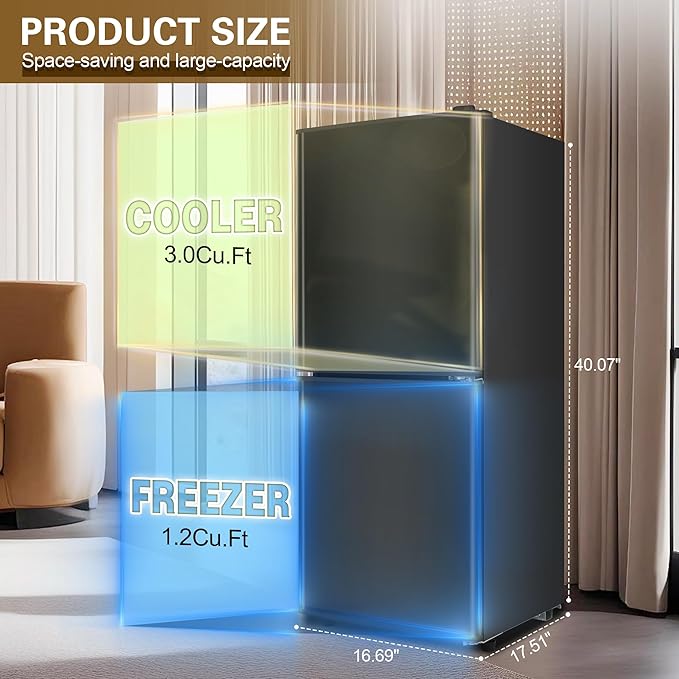 Small Refrigerator with Freezer for RV 4.2 Cu. Ft. Mini Fridge with Bottom Freezer, 7-Level Temperature Control Dorm Fridge for Kitchen, Office, Apartment, Black