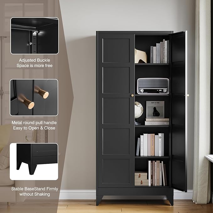 Yizosh Metal Pantry Cabinet,- 72" Black Kitchen Pantry Storage Cabinet with Doos and Adjustable Shelves for Kitchen, Living Room,Dining Room,Home