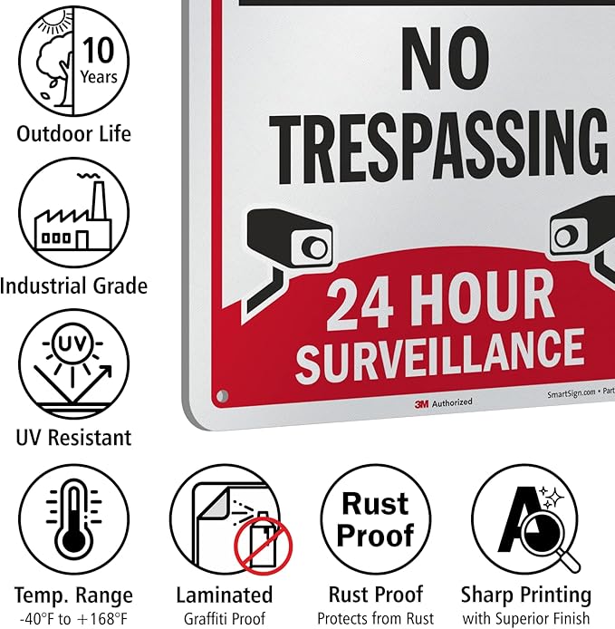 SmartSign 18 x 12 inch “Construction Area - Keep Out, No Trespassing, 24 Hour Surveillance” Metal Sign, 63 mil Aluminum, 3M Laminated Engineer Grade Reflective Material, Multicolor