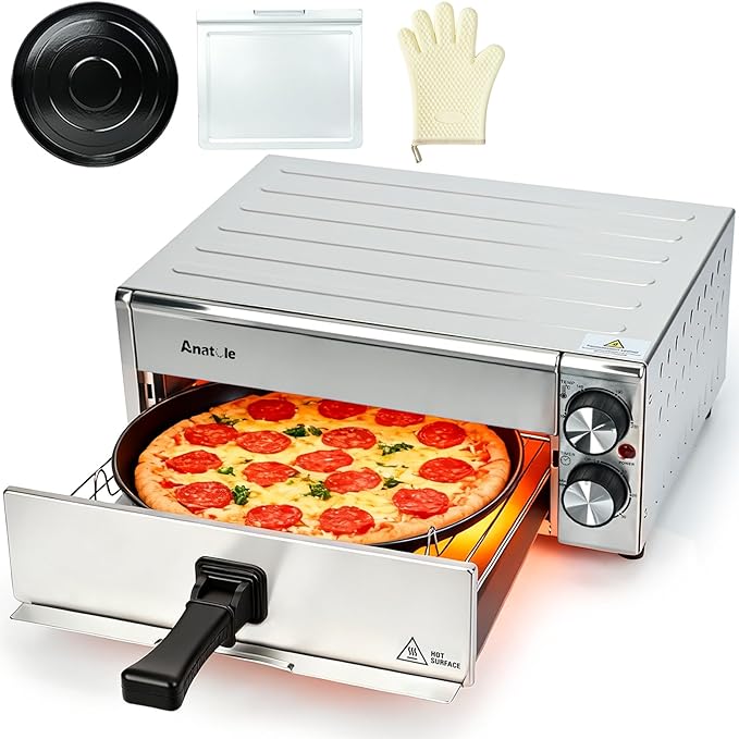 Anatole Electric Pizza Oven Indoor Air Fryer 12" 1800W Stainless Steel Countertop Pizza Maker Convection Cooker Time Temperature Adjustable with Removable Crumb Tray ETL Certified