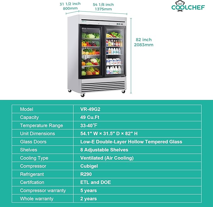 COOLCHEF 54" Commercial Glass Door Refrigerator, 49 Cu.Ft Double-Door Reach-In Cooler, 33–40℉, Double-Layer Low-E Glass, 8 Shelves, R290