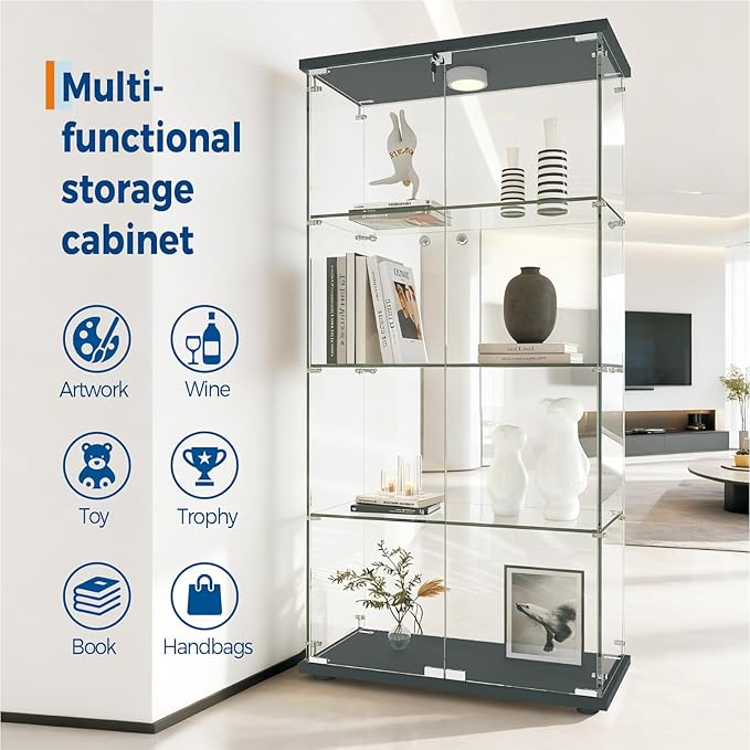 GarveeHome 4 Shelves Display Cabinet, Tempered Glass Curio Showcase with LED Light & Lock, Double Doors Storage Cabinet for Living Room Bedroom Office, Black, 64x31.7x14.3 Inch