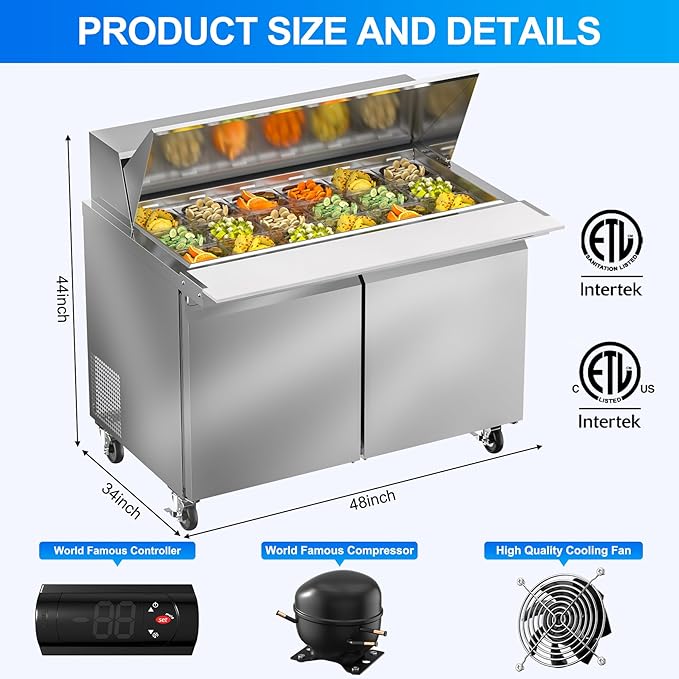 48" W Commercial Refrigerator Sandwich Salad Prep Table, 13.8 Cu.ft 2 Door Commercial Stainless Steel Mega Top Food Prep Fridge with 18 Pans, Salad Prep Station for Restaurant, Bar, Shop