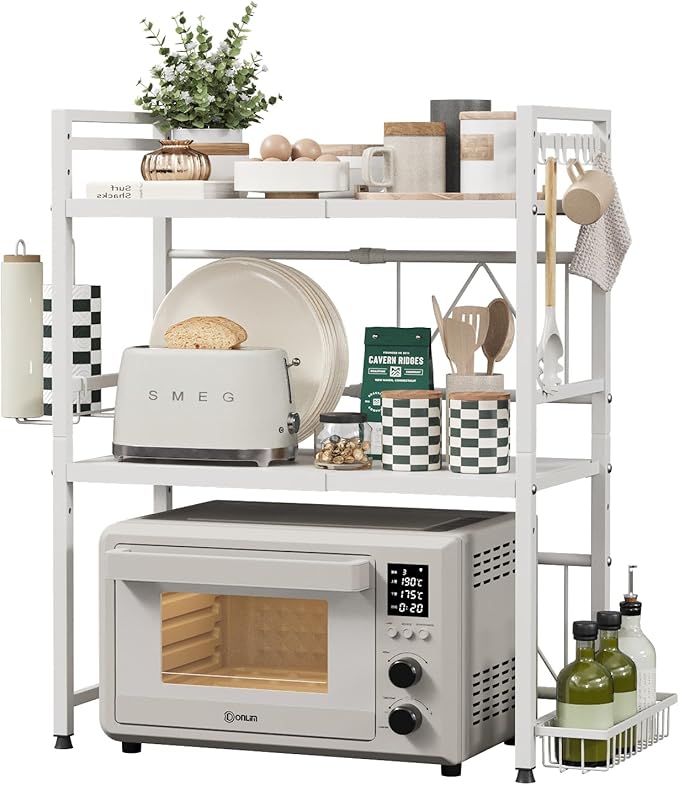 NETEL Expandable Microwave Stand,3 Tier Metal Kitchen Countertop Organizer Shelves with Paper Towel Holder and Baskets,Microwave Shelf,Microwave Oven Rack,110lbs Weight Capacity,White