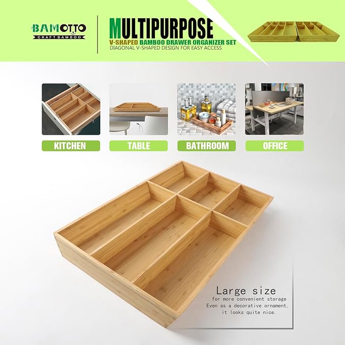 13 Slot V-Shaped Bamboo Drawer Organizer Set of 2, Extra Large Cutlery Tray - Easy Reach Flatware Silverware Utensil Storage for Kitchen (19.6"x14.6" & 19.6"x12.4")