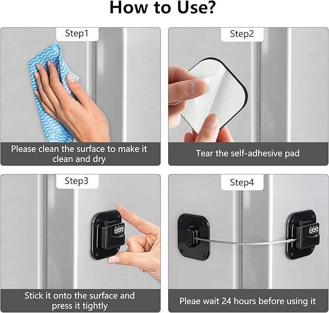 Refrigerator Lock, Heavy Duty Fridge Lock, Combination Lock for Refrigerator Cabinets, Drawers, Safety, Easy Install No Keys Needed (Black-1Pack)