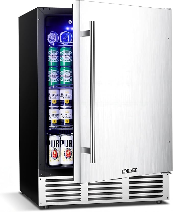 EUHOMY 24 Inch Beverage Refrigerator, Undercounter Beverage Fridge 180 Can with Stainless Steel Door for Home Patio, Beverage Cooler Built-in or Freestanding, outdoor refrigerator for Soda Beer Wine