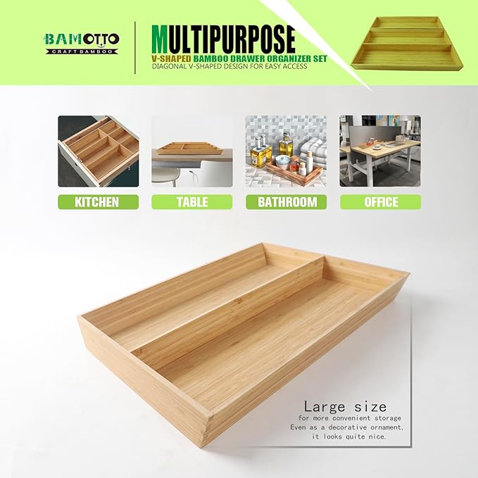 V-Shaped 2-Pack 19.6" Long Bamboo Drawer Organizer Box - Easy Reach Kitchen Utensil Flatware Silverware Cooking Tools Storage for Home Bedroom Bathroom (19.6"x12.4"/19.6"x7.8")