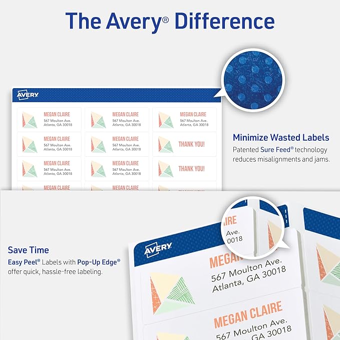 Avery Easy Peel Printable Address Labels with Sure Feed, 1" x 2-5/8" Customizable Stickers, White, 750 Blank Mailing Labels, Great for Mailing, Shipping, and More (8160) (Pack of 5)