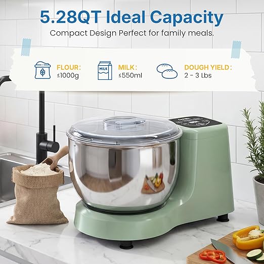 5.3 QT Electric Dough Mixer Maker, Fermenting and Kneading Flour Mixer Machine with Stainless Steel Bowl & Time Control, Green Stand Mixer for Baking Bread Cake Pizza & Sourdough