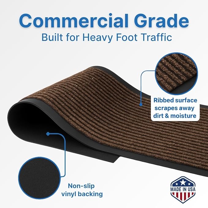 Consolidated Plastics Brush Dry Mat - Made in USA, Heavy-Duty Commercial DoorRug for Indoor/Outdoor Entryways, Non-Slip Backing for High-Traffic Areas (3' W x 10' L, Brown)